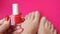 Young perfect groomed womans feet on pink background. Care about nails