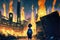 A young person holds a blazing torch amidst a bizarre metropolis, where buildings appear to be upside down