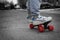 Young person rides on skateboard