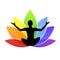 Young person sitting in yoga meditation lotus position silhouette with colorful lily in rainbow colors