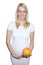 Young Petty Natual Beauty Pregnant Woman Holding Grapefruit and Shows a Belly That Begins to Grow Isolated on White Background. 20