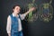 Young physics woman teacher talks about magnetic fields, explaining the topic from color pictures with chalk on blackboard