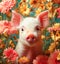 A young piglet looks curiously forward in a sunny field of orange flowers. Greeting card for celebrating National pig day