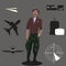 A young pilot in a vintage jacket and set of vectors related to aviation and travel industries