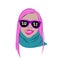 Young pink hair girl wrapped in a scarf  wearing sunglasses in a bright frame with the inscription 2021  vector.