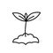 Young plant shoot. Seedling germination. Sprout plants growing on the pile of soil. Vector line icon. Editable outline