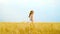 Young playful red haired woman smiling at camera and hiding in wheat field