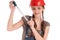 Young playful worker woman holding tape measure