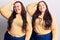 Young plus size twins wearing casual clothes smiling confident touching hair with hand up gesture, posing attractive and