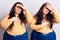Young plus size twins wearing casual clothes touching forehead for illness and fever, flu and cold, virus sick
