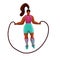 Young plus size woman jump with skipping rope. Woman in sport clothes cartoon character. Fitness exercise with jumping rope hand