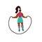 Young plus size woman jump with skipping rope. Woman in sport clothes cartoon character. Fitness exercise with jumping rope hand