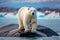 A young polar bear (Ursus maritimus) sitting on a rock in the ocean, generative ai