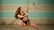 Young pole dance woman. Underwear. Slow motion