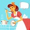 Young portrait of housewife in retro fashion dress cooking soup