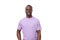 young positive american man in lilac t-shirt smiling on white background