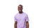 young positive friendly american man with short haircut dressed in lilac t-shirt