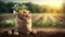 young potatoes in burlap sack on wooden table with blooming agricultural field on the background. Generative ai