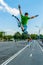 Young power jumper on jumping stilts in Moscow Gorky park