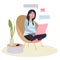 Young pregnant beautiful woman works at a laptop. The concept of working from home. Flat vector illustration