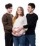 Young pregnant woman posing with two young man