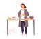 Young pregnant woman pouring juice in the glass. Female character in homewear cooking breakfast. Morning at home. Flat