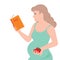 Young pregnant woman is reading a book and eating an apple.