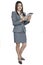 Young pretty Asian business woman gesture using a tablet smiling