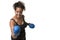 Young pretty black woman with blue boxing gloves working out iso