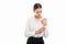 Young pretty bussines woman buttoning shirt sleeve gesture