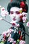 Young pretty geisha in black kimono among sakura, asian ethno closeup