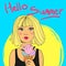 Young pretty girl with freckles holding sweet ice cream and Hello Summer text. Vector fashion 90s style illustration.