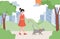 Young pretty girl in red dress walking in city park with cat vector flat illustration. Girl taking pet on leash.