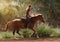 Young pretty girl riding a horse with backlit leaves behind