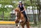 Young pretty girl riding a horse - jumping over hurdle with bac