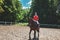 Young pretty jockey girl preparing horse for ride. love horses. girl riding a horse