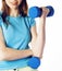 Young pretty slim womans hand with dumbbell , real sport girl next door, lifestyle people concept