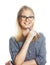 Young pretty student modern blond girl in glasses posing emotion