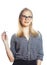 Young pretty student modern blond girl in glasses posing emotion