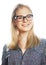 Young pretty student modern blond girl in glasses posing emotion