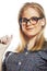 Young pretty student modern blond girl in glasses posing emotion