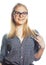 Young pretty student modern blond girl in glasses posing emotion