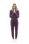 Young pretty woman in home leisure clothes tracksuit with praying hands namaste gesture bowing head