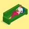 Young pretty woman lies on a sofa and reading a book enjoys of rest. Flat 3d vector isometric illustration