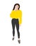 Young pretty woman making selfie in mirror. Model in yellow and grey clothing. Flat style vector illustration