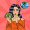 Young Pretty Woman with Money. Girl Thinking How to Spend Money. Pop Art