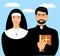 Young priest with a bible and a nun. Vector flat cartoon illustration