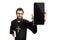 Young priest holding a mobile phone