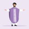 Young priest with purple chasuble praying with outstretchead arms