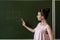 young primary female teacher written on chalkboard one plus one